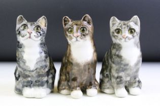 Three Winstanley Pottery Tabby Cats, size 1, with glass eyes, signed 'Winstanley England' to