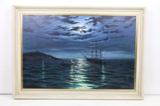 Keith English (1935 - 2016), moonlit scene figures in a rowing boat with sailing ship, oil on