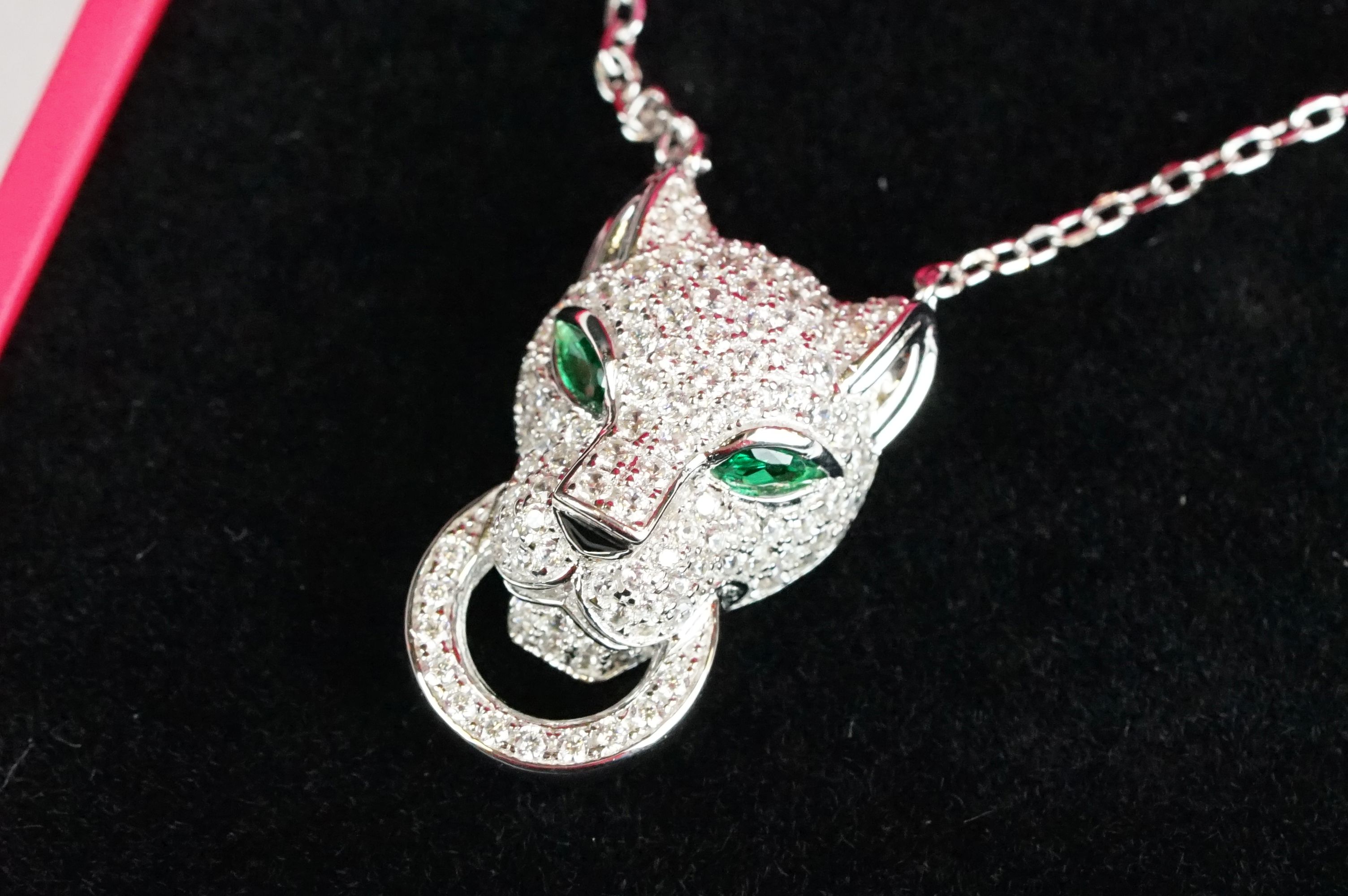Silver and CZ Designer style Leopard Head Pendant with Emerald eyes - Image 2 of 3