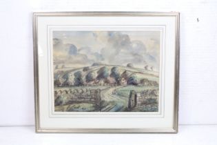 Framed and Glazed Impressionist Watercolour of a Farmstead in hilly terrain with storm clouds