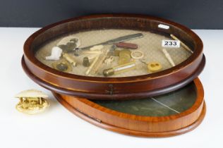 Two vintage wooden display cases to include contents of game counters, scent bottles....etc.