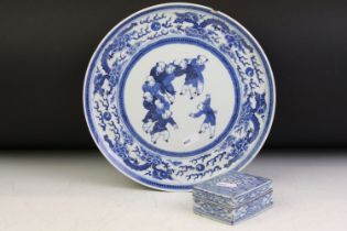 Chinese blue & white plate with central figural decoration, bordered by dragons, 25.5cm diameter;