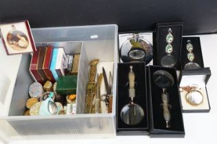 A box of mixed collectables to include magnifying glasses, trinket boxes, compacts, hallmarked