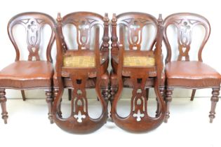 Set of Six Victorian Balloon Back Mahogany Dining Chairs with brown leatherette upholstered seats,