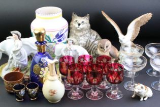 Mixed glass & ceramics to include a Royal Crown Derby Owl, Beswick 1867 Cat, set of 6 cranberry