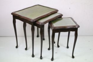 Nest of Three Tables raised on cabriole legs, largest table 56cm high x 54cm wide x 40cm deep