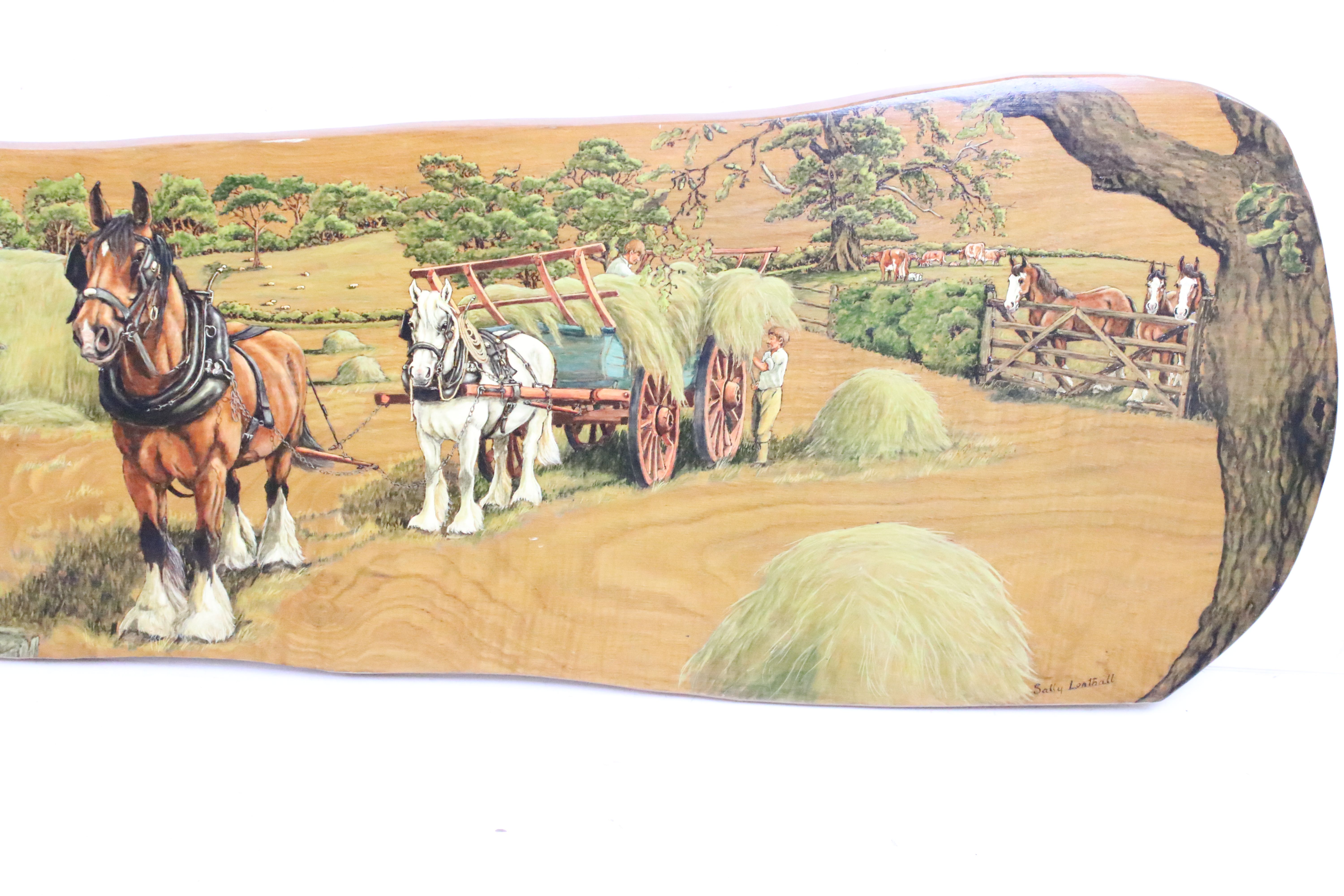 Large pine panel with painted scene titled "A Summer's Evening", depicting shire horses & hay carts, - Image 4 of 5