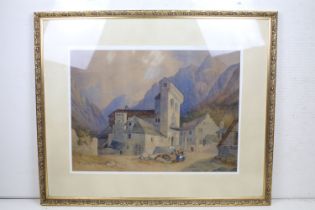 19th century, an extensive Continental watercolour scene, figures in a town mountains beyond, 53.5