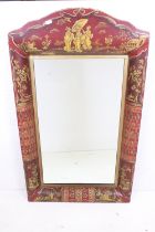 Toleware Wall Mirror with Chinoiserie type decoration on a red ground, 101cm x 58cm