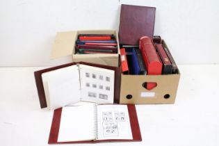 Two boxes of empty stamp collectors albums including Stanley Gibbons examples.