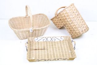 Wicker stair basket with loop handle, together with a further wicker basket (51cm long), and a