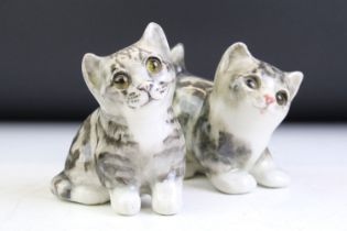 Two Winstanley Pottery Grey Tabby Cat figures, size 1, with glass eyes, signed to bases, tallest