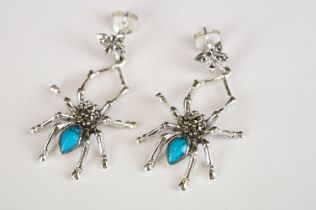 Pair of Silver Marcasite and Turquoise Spider Earrings