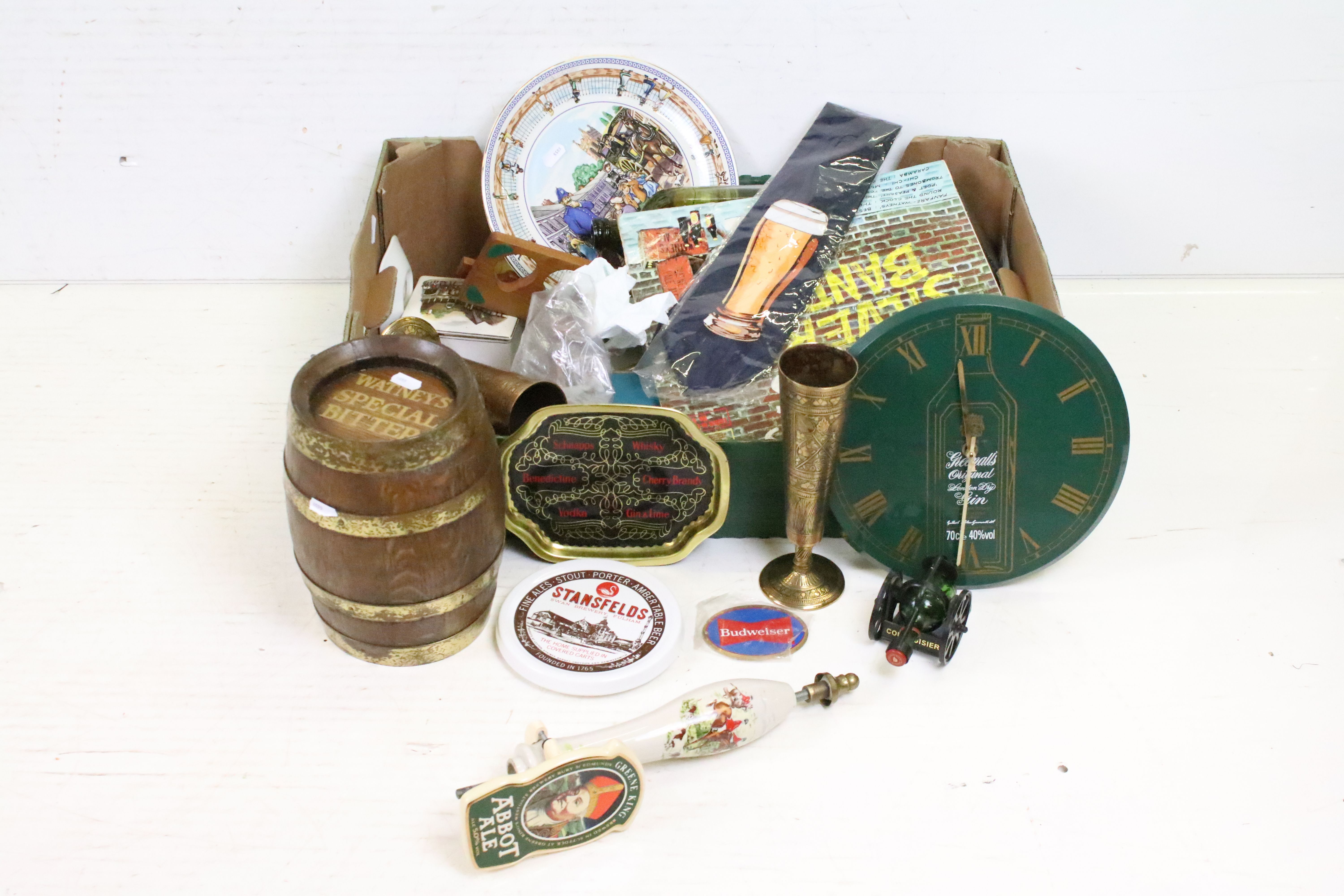 A box of mixed collectables to include Brewery advertising, brassware, clock....etc.