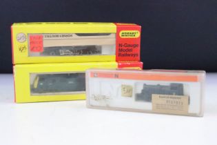 Three boxed/cased N gauge locomotives to include 2 x Hornby Minitrix (205 & 206) and Arnold 2056