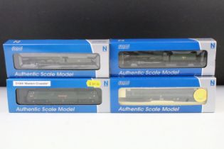 Four boxed/cased Dapol N gauge locomotives to include 2D003XXX Class 52 BR green with yellow panel