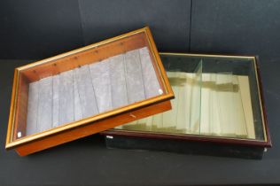 Two glazed wooden wall mounted display cabinets with glass shelves, measuring approx 49cm x 65cm and