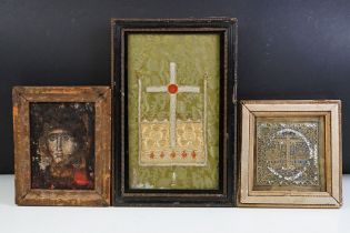 Three Framed Ecclesiastical Artifacts to include Two Icons (one inscribed in Russian) and a Gilt
