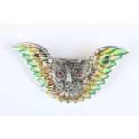 A 925 sterling silver plique a jour & marcasite pin brooch with pendant hoops in the form of an owl,