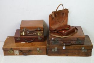 Vintage Luggage - A collection of six leather cases and briefcases (largest approx 66cm W x 35cm H),