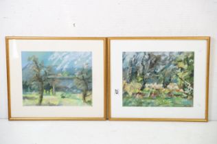 Thierry Citron, abstract study of trees, a pair, pastel, each 31 x 39cm, each framed and glazed
