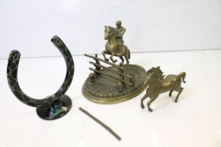 Cast brass figure of a horse & rider jumping a hurdle, together with a further brass horse, and a