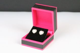 Pair of Heart Shaped Stud Earrings set with CZ and Opal