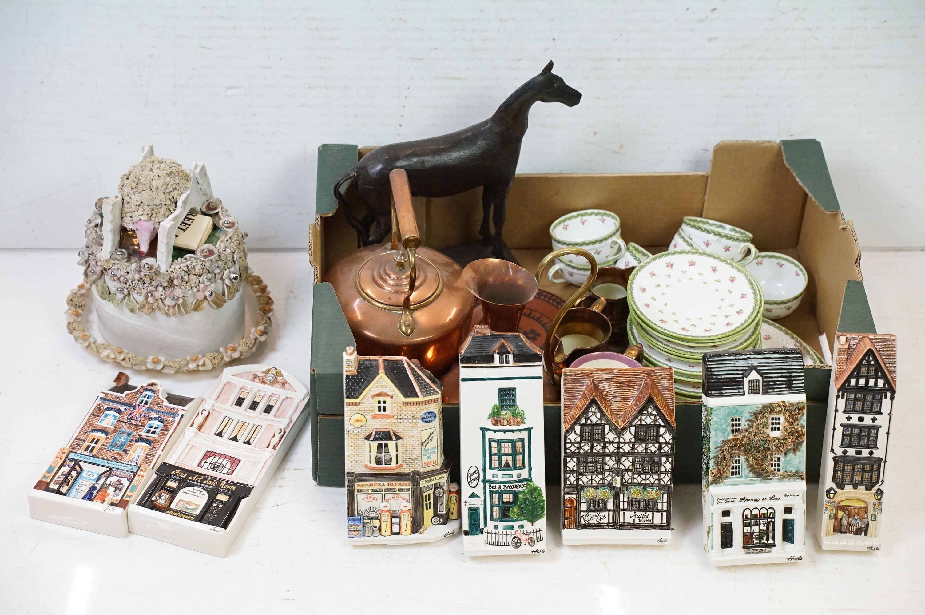Mixed ceramics & collectables to include a copper kettle, copper jug, wooden model of a horse, 'A