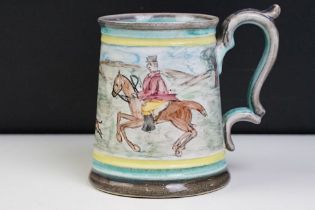 Glyn Colledge Stoneware Tankard or Mug, hand painted with a hunting scene, 13cm high