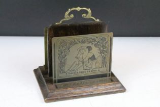 Edwardian Oak and Brass Letter Rack, engraved ‘ Letters ‘ and with a Jester and a girl ‘ I have a