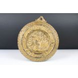 Victorian 'God Speed The Loom' cast iron gilt painted circular wall plaque, registration marks to