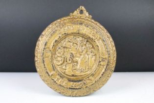 Victorian 'God Speed The Loom' cast iron gilt painted circular wall plaque, registration marks to