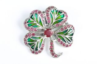 Silver Plique a Jour Four Leaf Clover Brooch - Pendant with Ruby setting