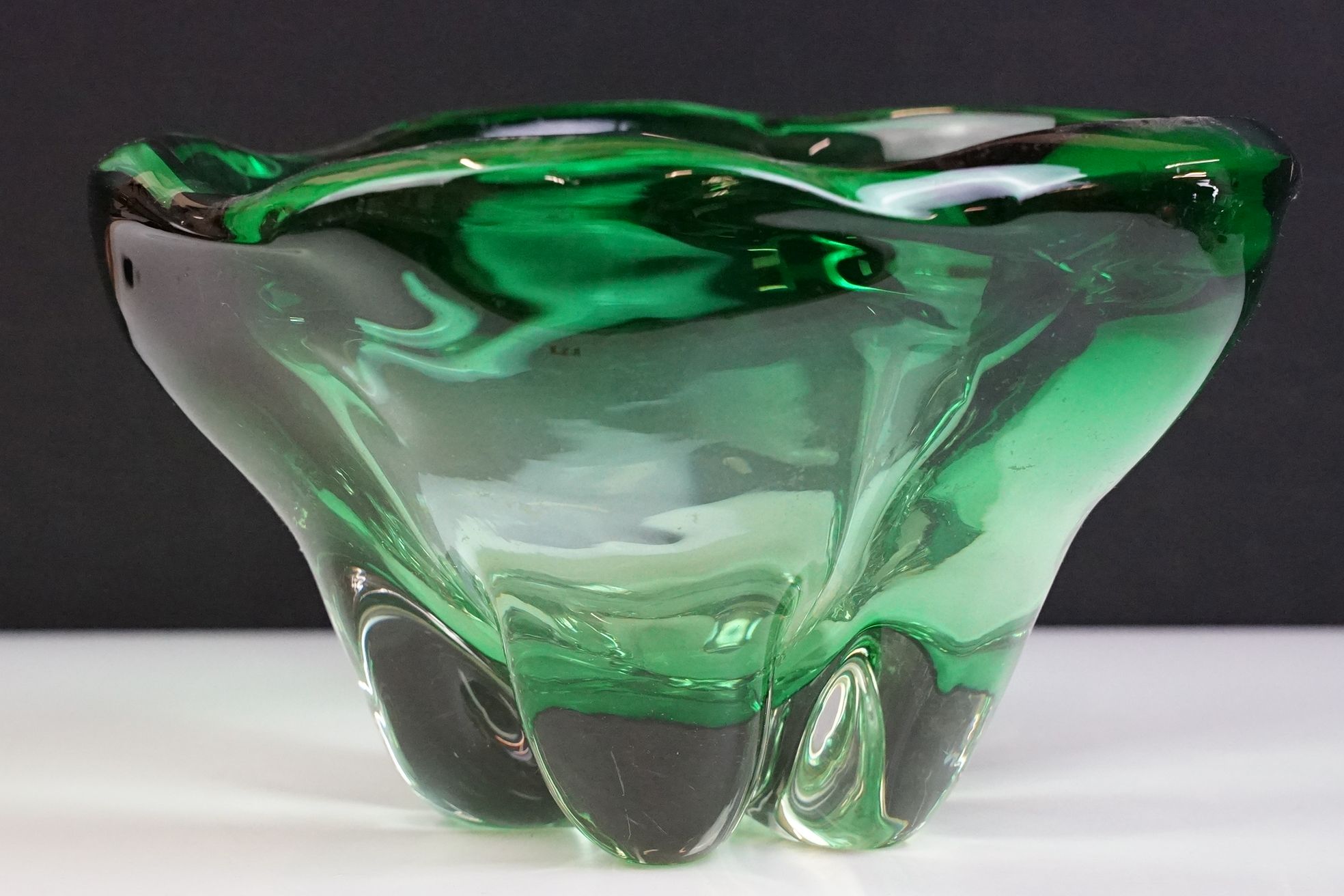 Two pieces of mid Century Czech green glass bowls to include a lobed bowl and fanned rim footed - Image 5 of 11