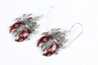 Pair of Silver Ladybird Drop Earrings set with enamel