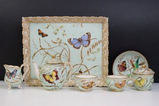 Royal Worcester porcelain cabaret tea set with hand painted butterfly, floral and foliate