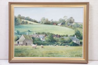 Jo Dollemore, 20th century Oils on Board Devonian Farmhouse with sheep in meadow, signed and