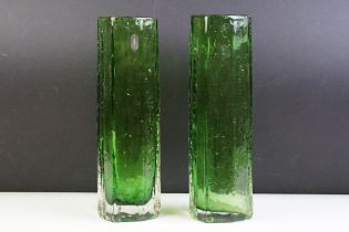 Pair of 1960s / 1970s Whitefriars textured green glass vases. One with original label. Measures 30.