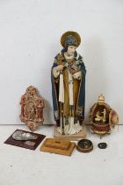 Composite St Brendan figurine having hand painted details, together with a lustre glazed religious