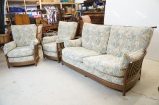 Ercol ' Renaissance ' Elm High Back Three Piece Suite with floral pattern upholstery comprising Sofa