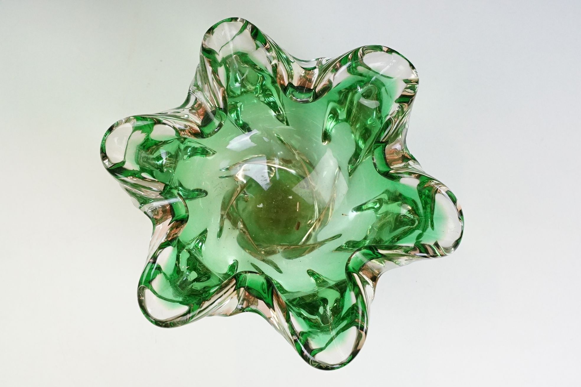 Two pieces of mid Century Czech green glass bowls to include a lobed bowl and fanned rim footed - Image 8 of 11