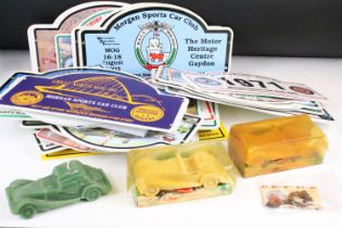 A group of Morgan car collectables to include Morgan sports car club signs, soap and candles in