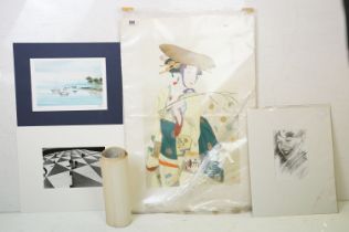 Collection of painting and prints to include a limited edition Japanese screen print entitled '