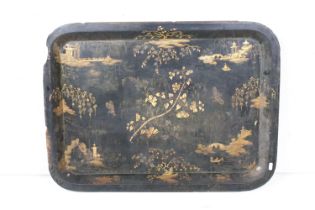 Large Chinoiserie black & gilt lacquered rectangular tray decorated with blossoming trees & pagoda