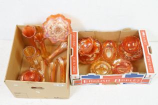 Collection of amber / orange carnival glass, 19 pieces, to include vases, bowls & dishes of vary