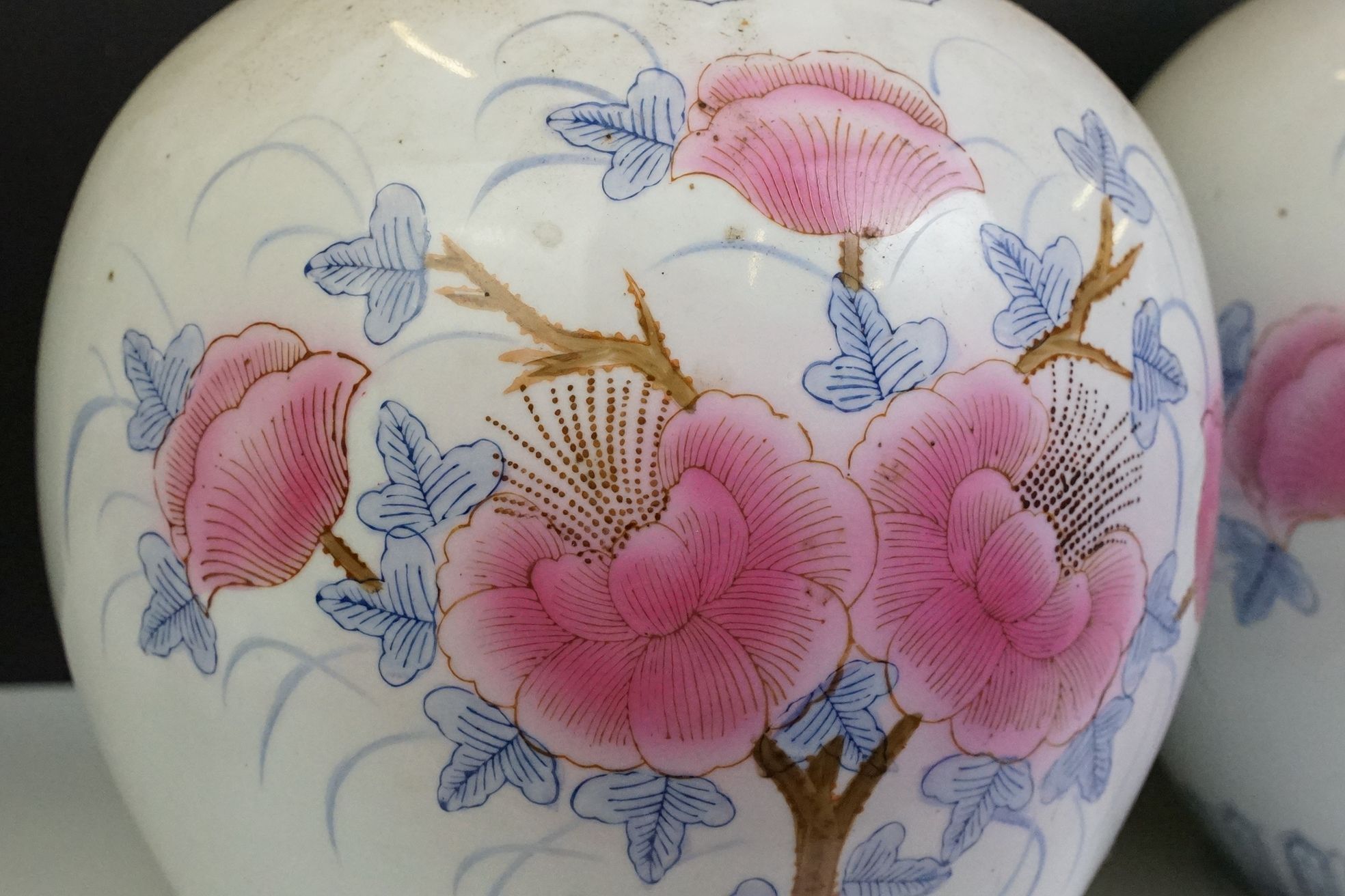 Pair of Chinese large ginger jars, each having printed pink and blue floral designs. Blue seal marks - Image 4 of 11