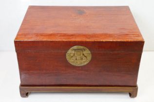 Chinese Red Leather covered Blanket Box or Chest on Stand with large gilt metal clasp, the fabric