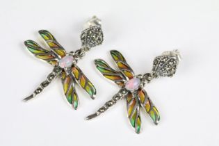 Pair of Silver and Plique a Jour Dragonfly Drop Earrings