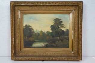 English School, church spire amongst the trees by the riverbank, oil on canvas, signed