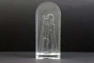 Lalique moulded frosted glass panel depicting the virgin and child with moulded flowers to the
